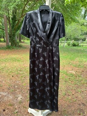 Vintage Black Brocade 2 Button Wrap  Midi Dress, with Sash, M